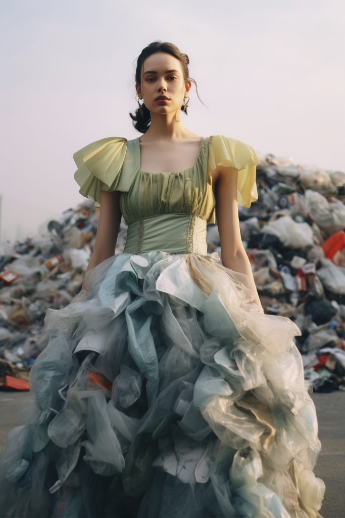 a model in front of a dirty pile of clothes