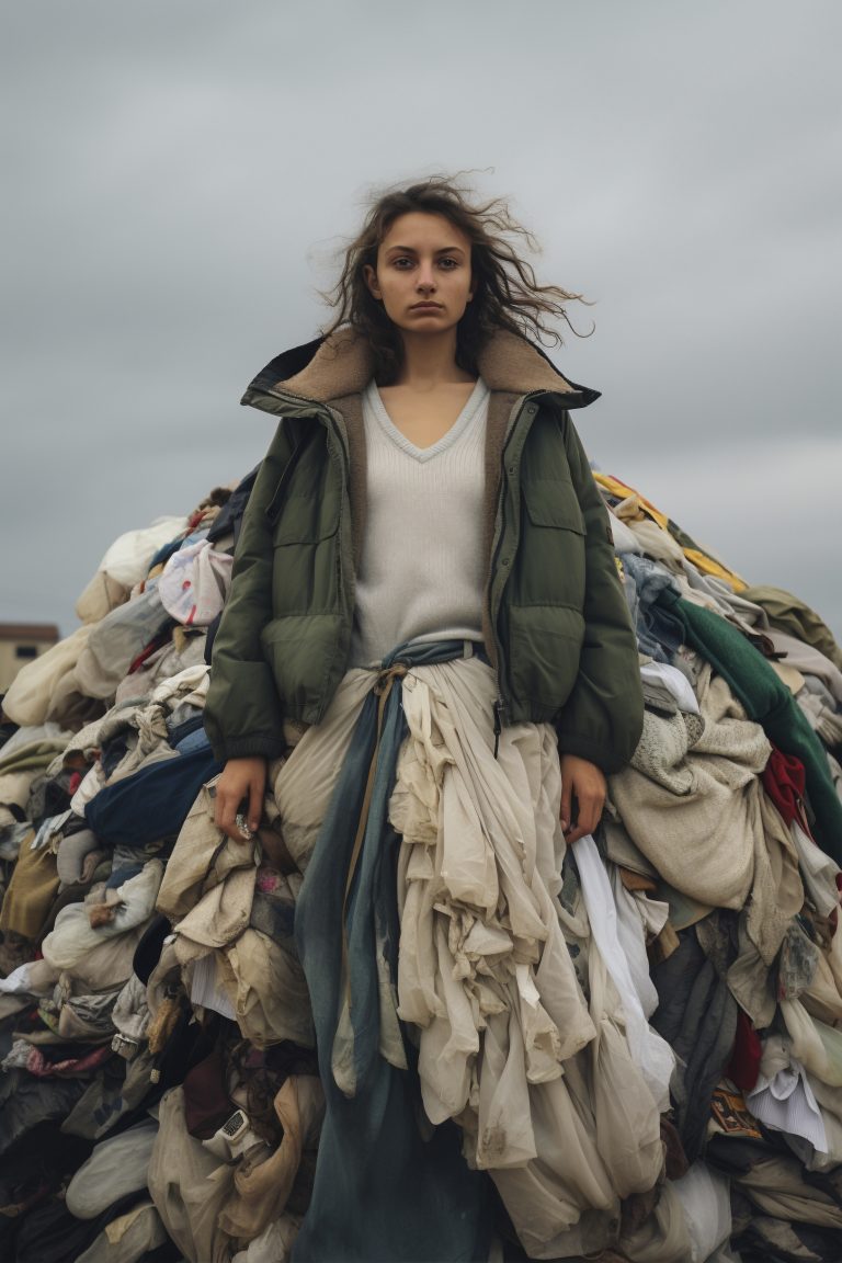 a woman standing in front of a dirty pile of clothes