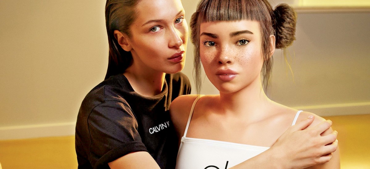 Bella Hadid hugs Lil Miquela in an advertisement